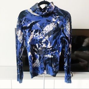 Spanner Sport Blue Black White Print Turtleneck Long Sleeve Sweater Top Shirt